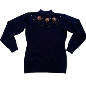 Unique Black Mock Neck Knit Sweater with Pom Poms Fits Size Small
